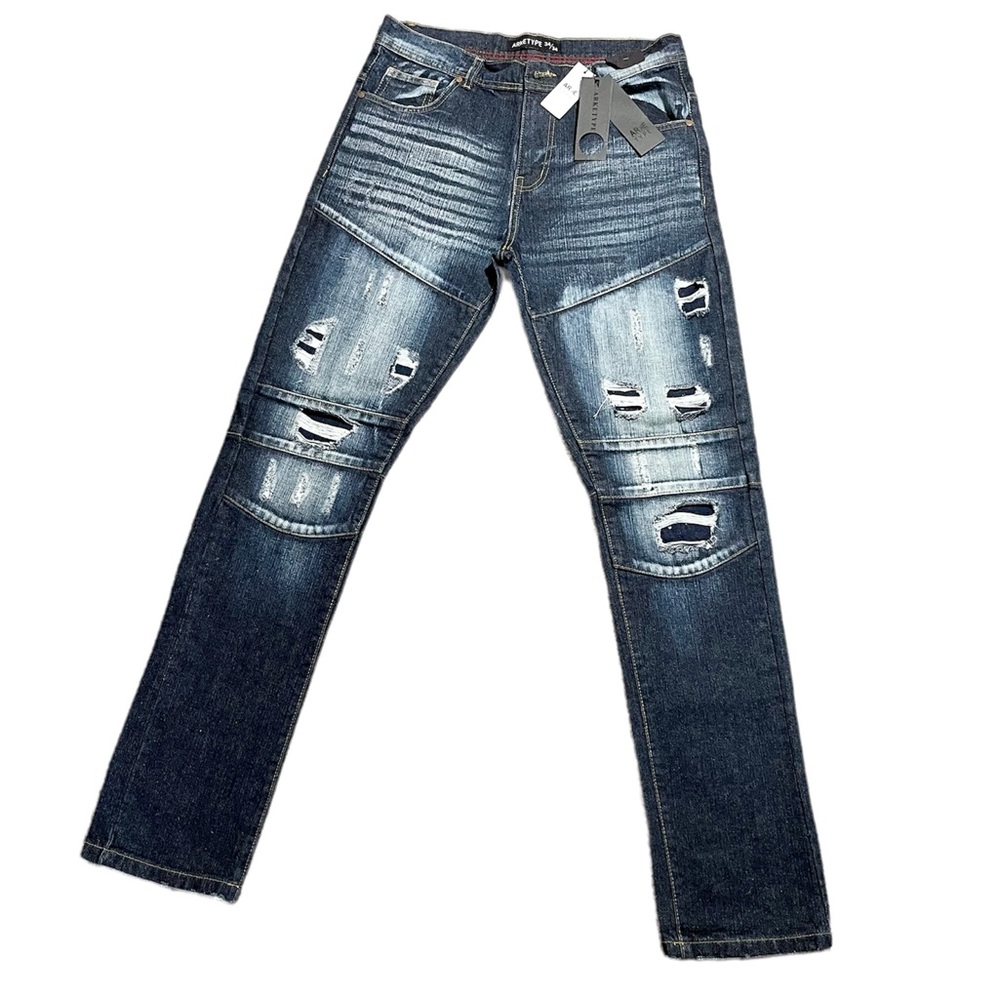 NWT!! Mens Arketype Distressed Jean in “Super Blue” Size 34 X 34.